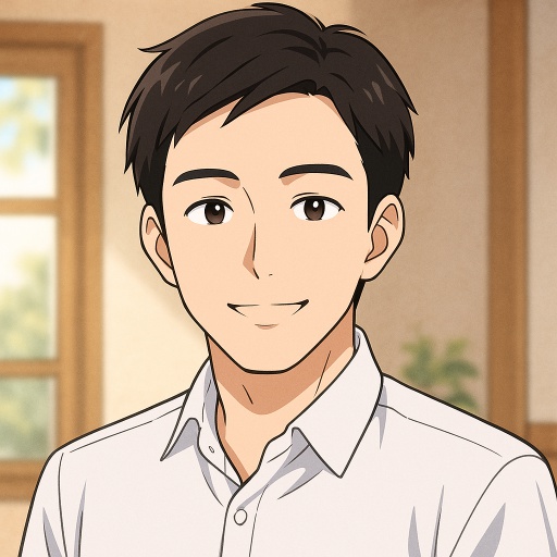 出会い系サイトのプロフィール用に描かれた、30代日本人男性のアニメイラスト。白いシャツを着て自然光の差し込む室内で微笑んでおり、清潔感と誠実さを感じさせる表情が印象的。